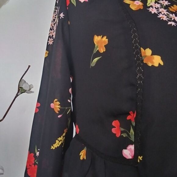 Boho Blouse Floral Flowy Peasant Style Semi Sheer Chiffon Blouse V Neck … - Picture 8 of 16